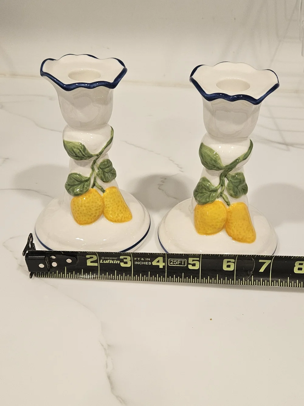 Ceramic Lemon Decorative Candle Holders - White and Yellow Trimmed In Blue